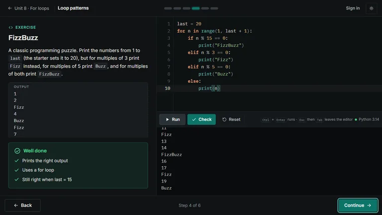 A FizzBuzz exercise in the Python course, passed, with the program and its output