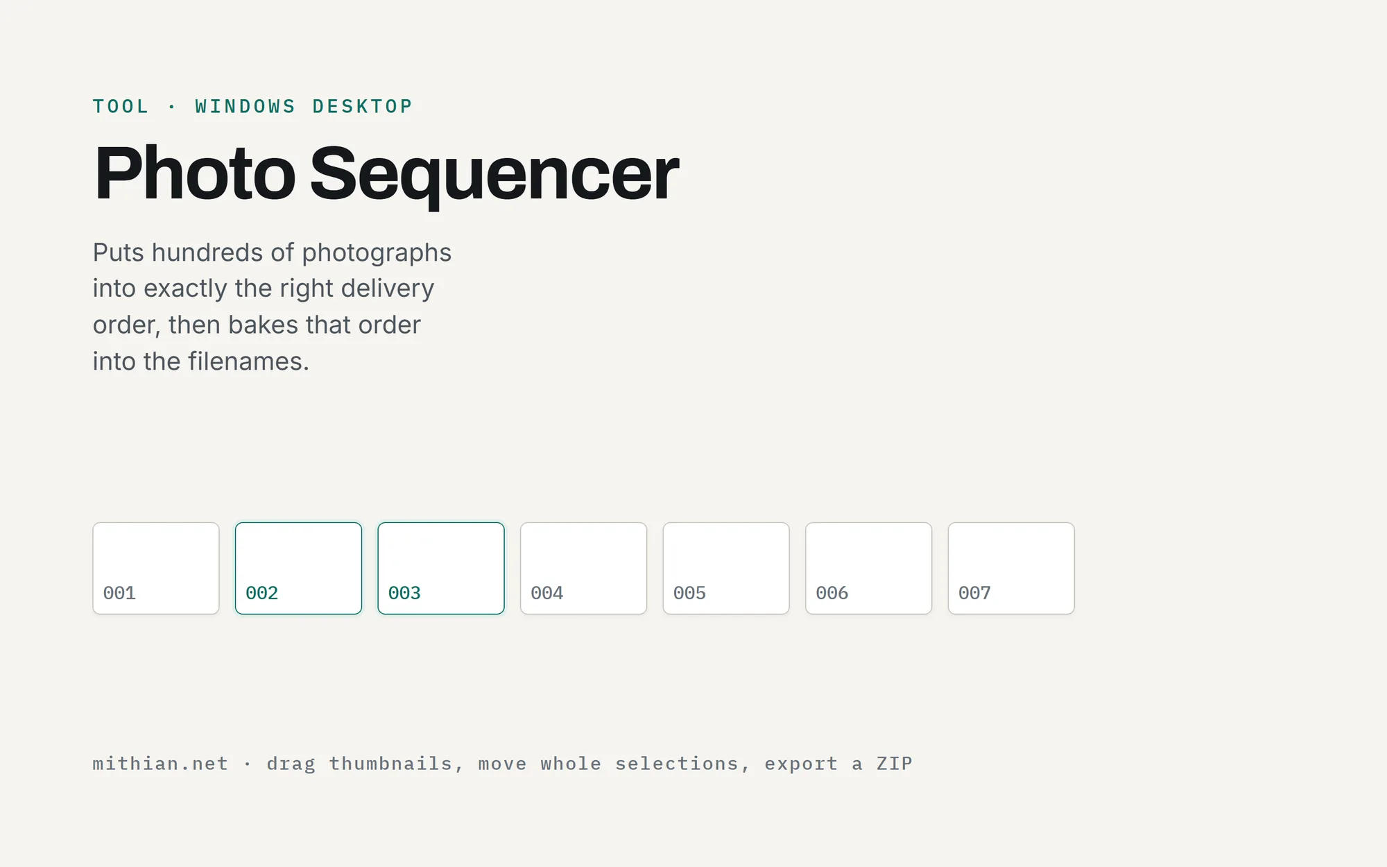 Cover for Photo Sequencer, a Windows desktop tool that puts photographs into delivery order