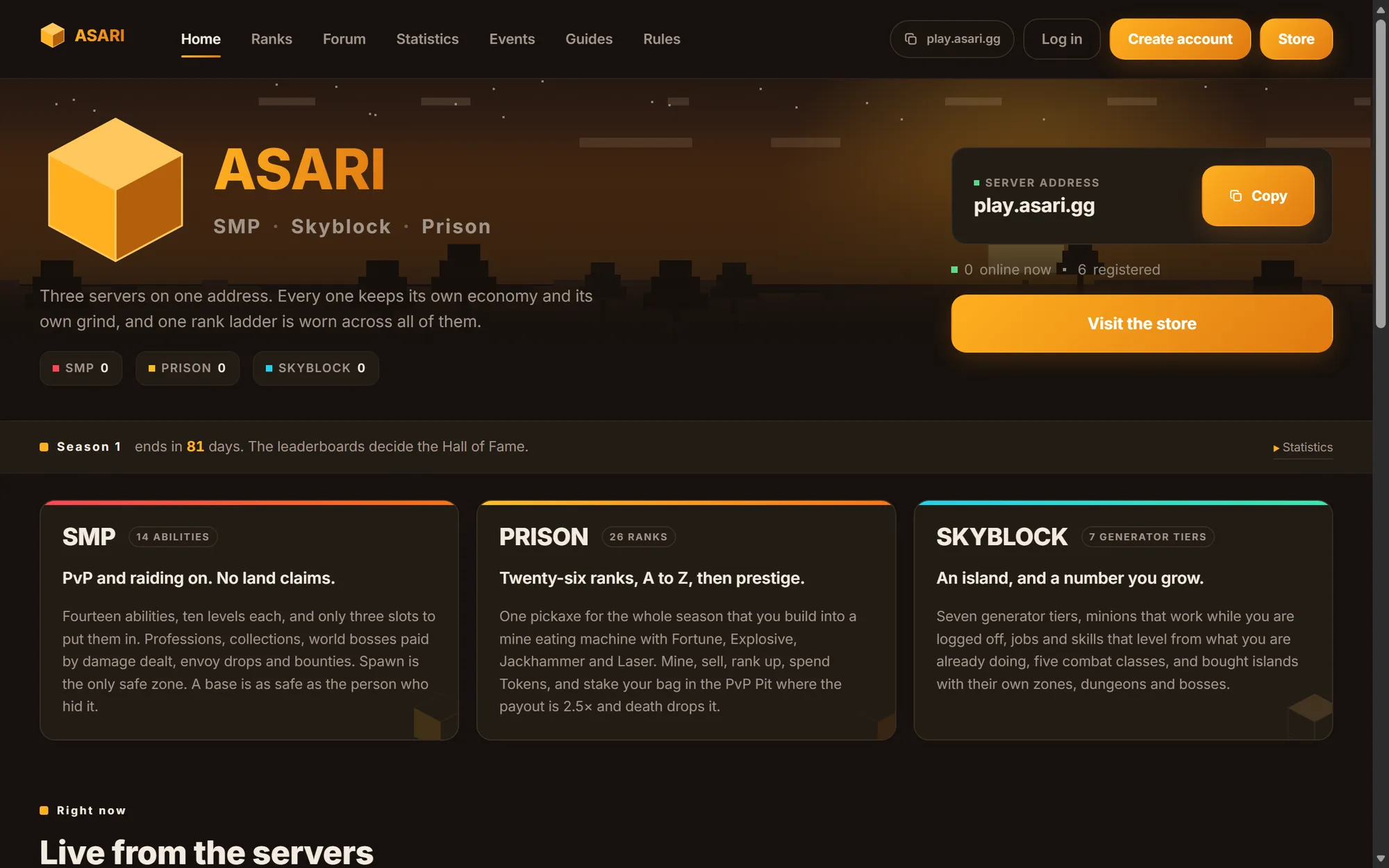 Asari game network website home page showing the three servers, client work
